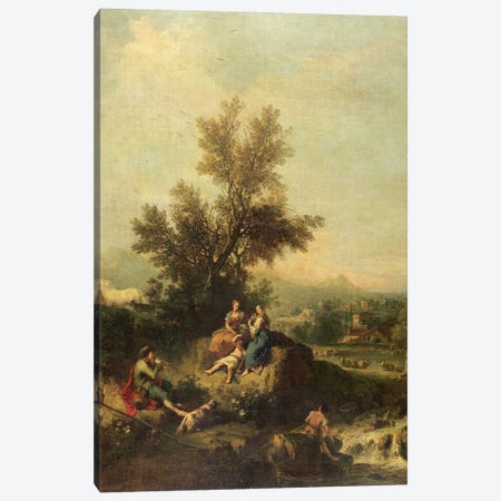 Italianate wooded landscape with a shepherd boy piping to peasant women Canvas Print #BMN4521} by Francesco Zuccarelli Canvas Print