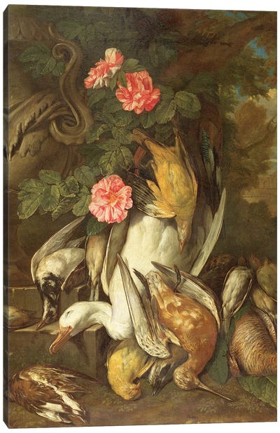 Dead duck, Snipe, Finches and Other Dead Birds with Roses and Urn in a Wooded Landscape Canvas Art Print