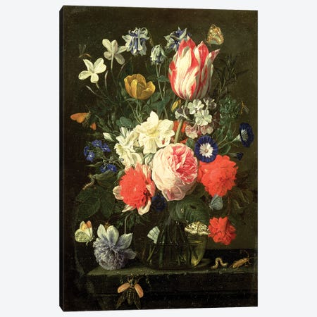 Rose, tulip, morning glory and other flowers in a glass vase on a stone ledge Canvas Print #BMN4526} by Nicholaes van Verendael Canvas Art