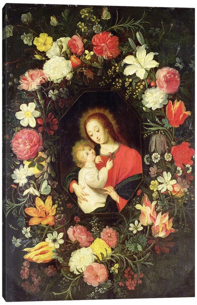 The Virgin and Child in a garland surround of flowers Canvas Art Print