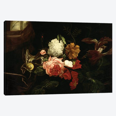 Flowers in a silver vase with a snail and a butterfly Canvas Print #BMN4534} by Willem van Aelst Art Print