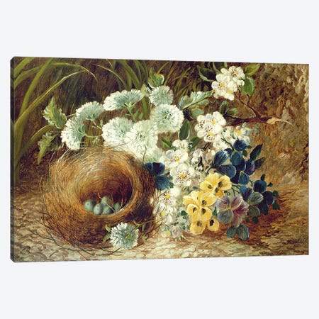 A Still Life of Flowers and a Bird's Nest on a Mossy Bank Canvas Print #BMN4536} by Vincent Clare Canvas Print