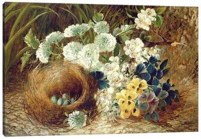 A Still Life of Flowers and a Bird's Nest on a Mossy Bank Canvas Art Print