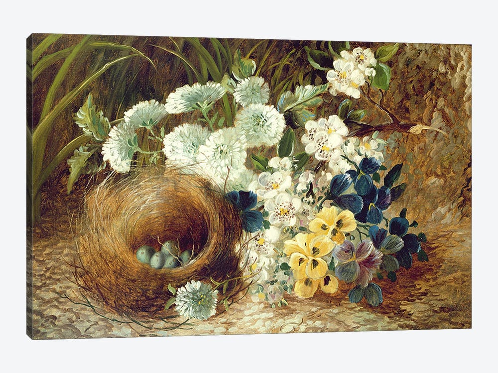A Still Life of Flowers and a Bird's Nest on a Mossy Bank by Vincent Clare 1-piece Canvas Artwork