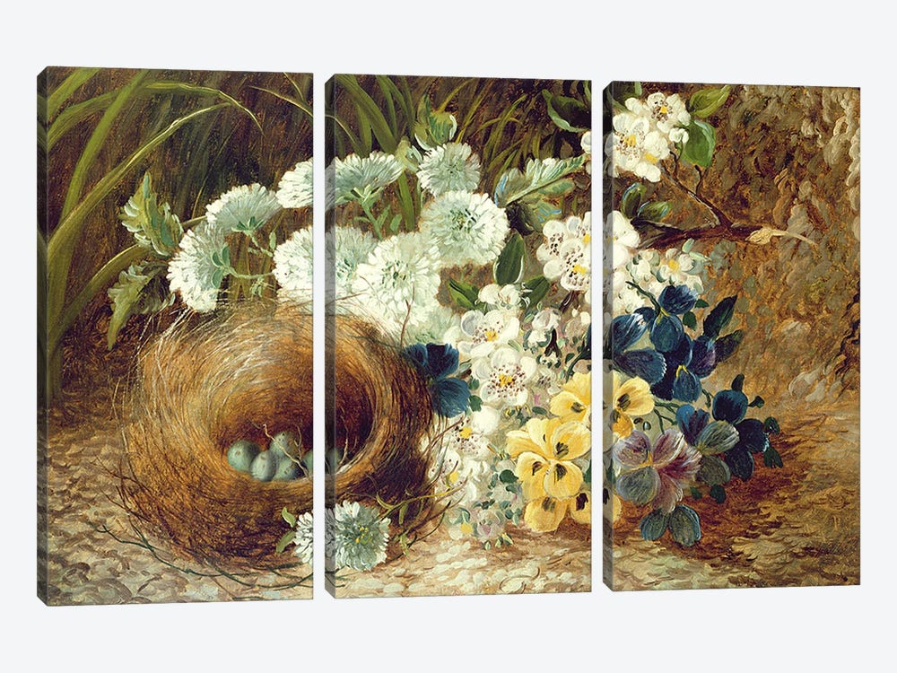 A Still Life of Flowers and a Bird's Nest on a Mossy Bank by Vincent Clare 3-piece Canvas Art