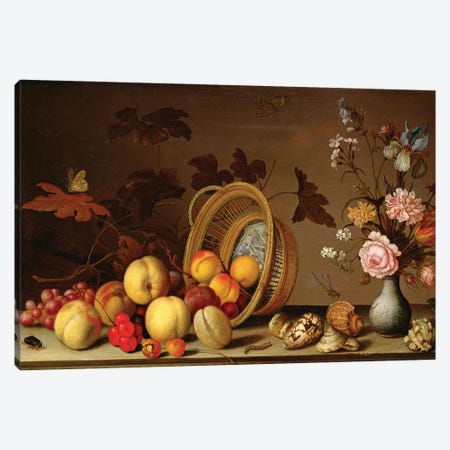 Apples, cherries, grapes, plums and a vase of flowers Canvas Print #BMN4538} by Balthasar van der Ast Canvas Artwork