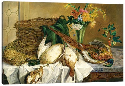 Still life of ducks, pheasant and flowers, 1855 Canvas Art Print