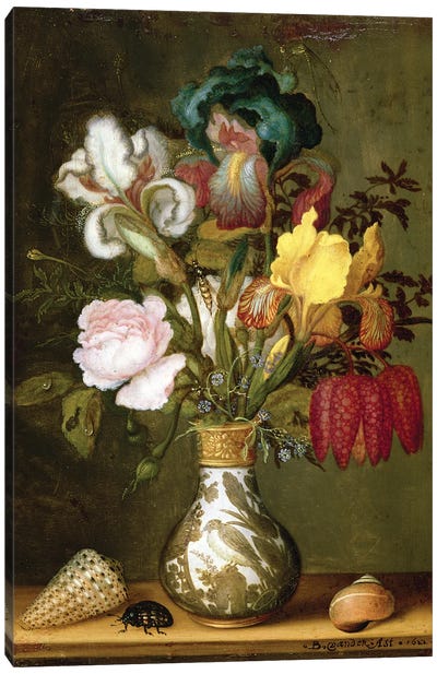 Irises, Roses and other Flowers in a Porcelain Vase, 1622 Canvas Art Print