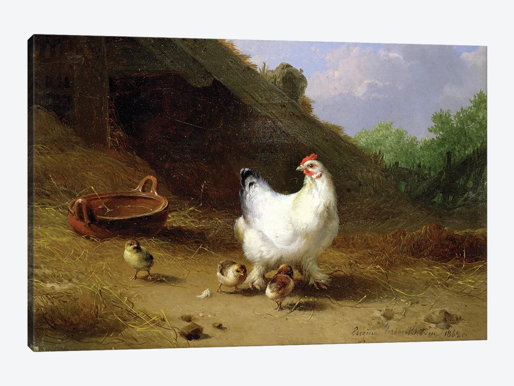A hen with her chicks by Eugene Joseph Verboeckhoven 1-piece Canvas Art Print