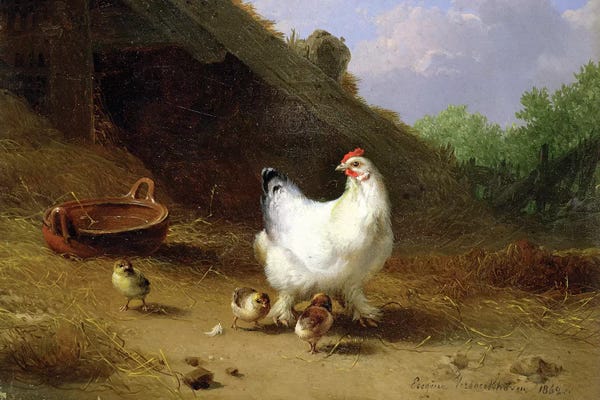 Chickens & Roosters: A hen with her chicks by Eugene Joseph Verboeckhoven