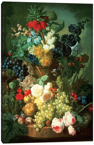 Still Life Mixed Flowers and Fruit with Bird's Nest Canvas Art Print