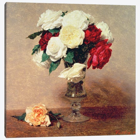 Roses in a Vase with Stem Canvas Print #BMN4596} by Ignace Henri Jean Theodore Fantin-Latour Canvas Print