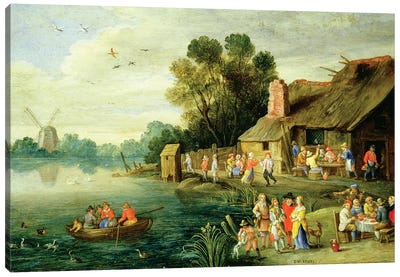 River Landscape with Gentry at a Village Inn Canvas Art Print