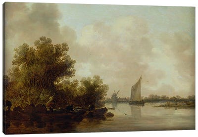 Wooded River Landscape with Fishermen Canvas Art Print
