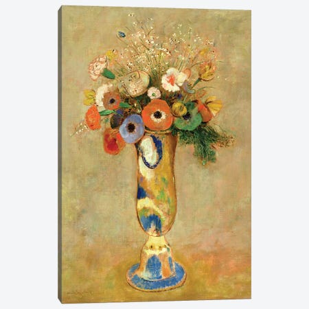 Flowers in a Painted Vase Canvas Print #BMN4620} by Odilon Redon Canvas Artwork