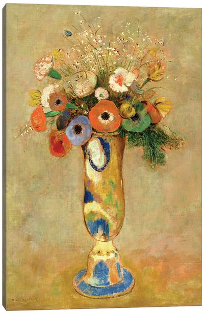 Flowers in a Painted Vase Canvas Art Print - Odilon Redon