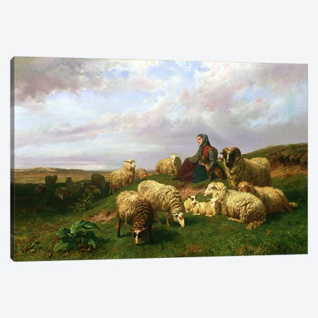 Shepherdess resting with her flock, 1867 Canvas Print #BMN4627} by Edmond Jean-Baptiste Tschaggeny Canvas Art Print