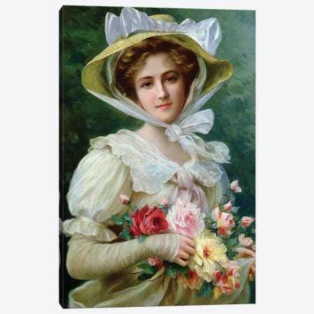 Elegant lady with a bouquet of roses Canvas Print #BMN4632} by Emile Vernon Canvas Art Print