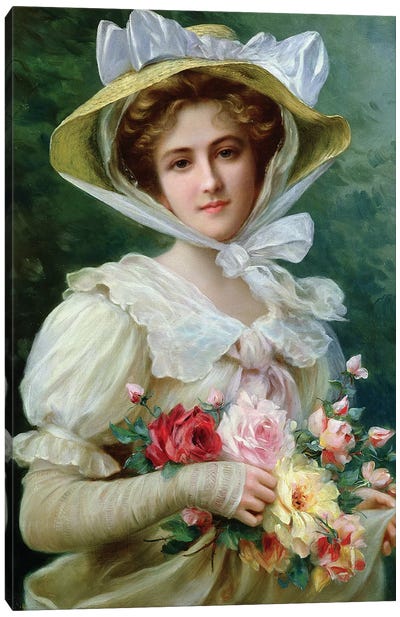 Elegant lady with a bouquet of roses Canvas Art Print