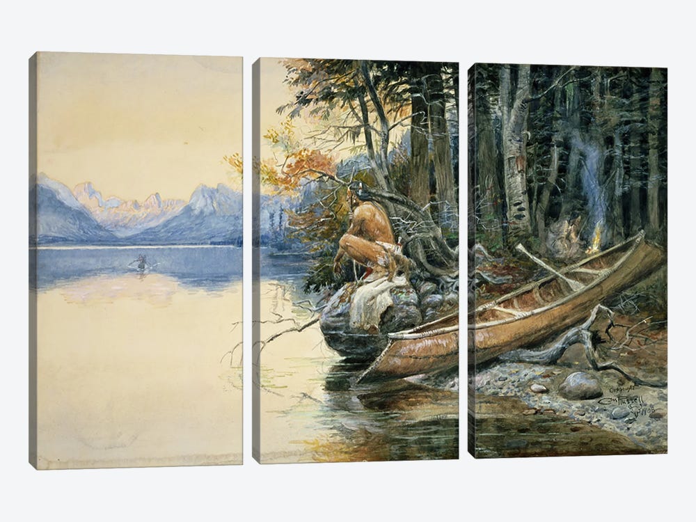 A Camp Site by the Lake, 1908  by Charles Marion Russell 3-piece Canvas Print