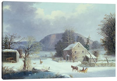 New England Farm by a Winter Road, 1854  Canvas Art Print