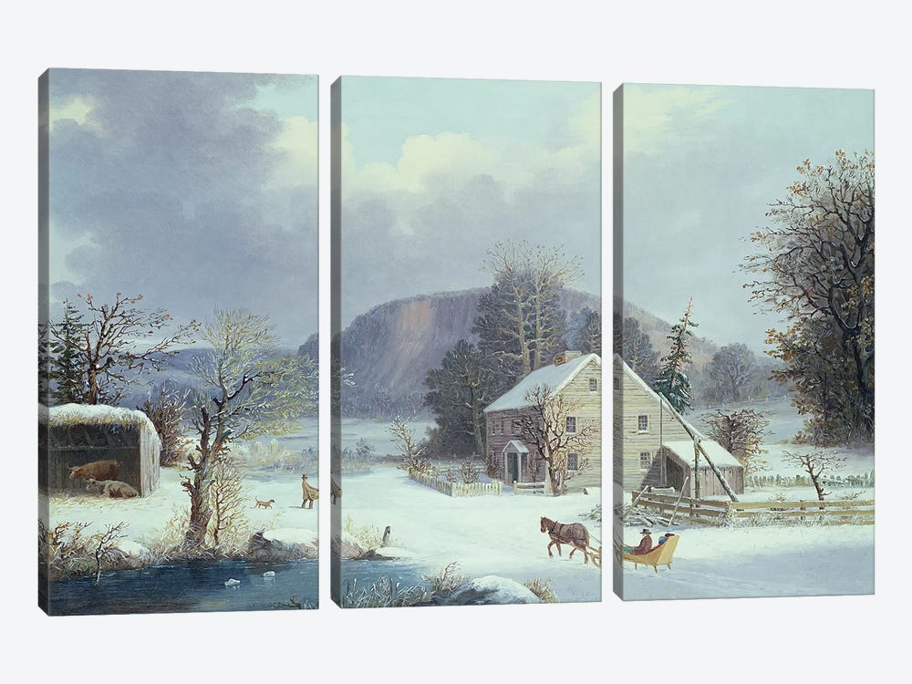 New England Farm by a Winter Road, 1854  by George Henry Durrie 3-piece Canvas Print