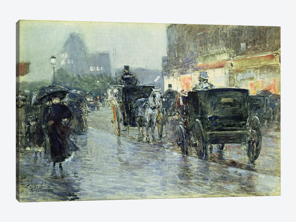 Horse Drawn Cabs at Evening, New York, c.1890  by Childe Hassam 1-piece Canvas Art Print