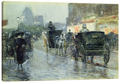 Horse Drawn Cabs at Evening, New York, c.1890  Canvas Art Print - Childe Hassam