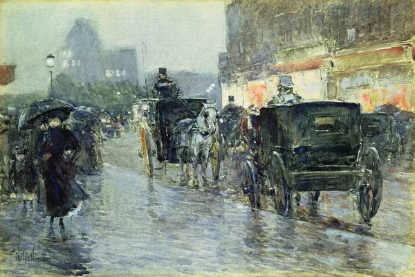 Childe Hassam: Horse Drawn Cabs at Evening, New York, c.1890  by Childe Hassam