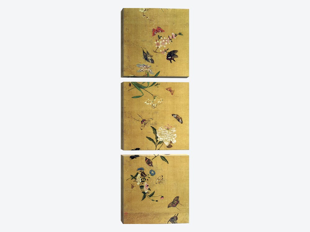One Hundred Butterflies, Flowers and Insects, detail from a handscroll  by Chen Hongshou 3-piece Canvas Print