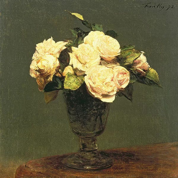 Pottery Still Life: White Roses, 1873  by Ignace Henri Jean Theodore Fantin-Latour