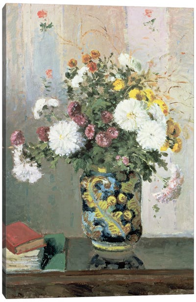 Bouquet of Flowers, Chrysanthemums in a Chinese Vase  Canvas Art Print - Camille Pissarro
