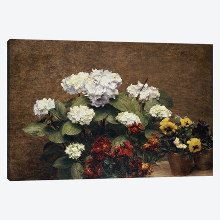 Hortensias and Stocks with Two Pots of Pansies, 1879  Canvas Print #BMN4708} by Ignace Henri Jean Theodore Fantin-Latour Art Print
