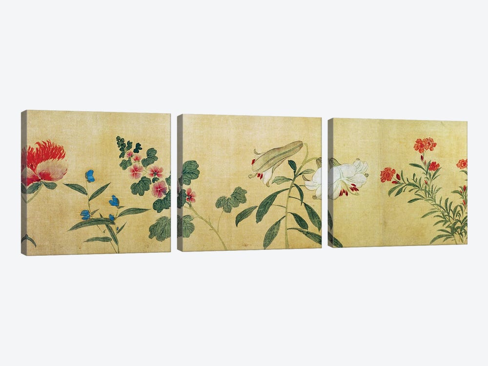 A Detail Of Flowers From A Handscroll Of A 'Hundred Flowers', 1562  by Wang Guxiang 3-piece Canvas Wall Art