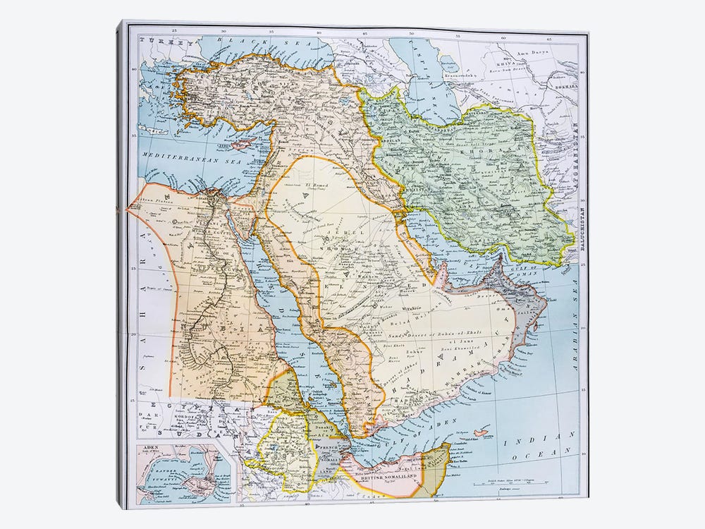 Map Of Turkey, Middle East And Horn of Africa, The Citizen's Atlas of the World, c.1899  by English School 1-piece Canvas Art