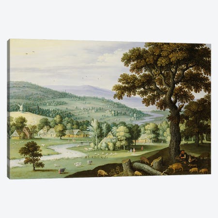 A river valley with a swineherd resting under a tree in the foreground, a hamlet beyond  Canvas Print #BMN4983} by Marten Ryckaert Art Print