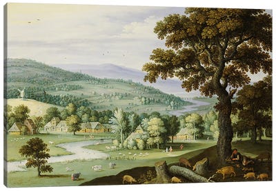 A river valley with a swineherd resting under a tree in the foreground, a hamlet beyond  Canvas Art Print