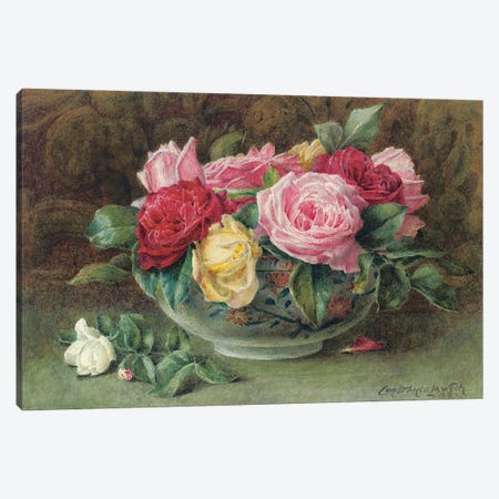 Still life with a bowl of pink, yellow and red roses, 1883  Canvas Print #BMN5000} by Constance Lawson Canvas Art Print