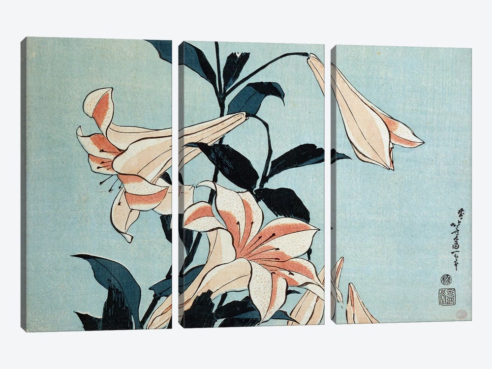 Trumpet lilies  by Katsushika Hokusai 3-piece Canvas Art