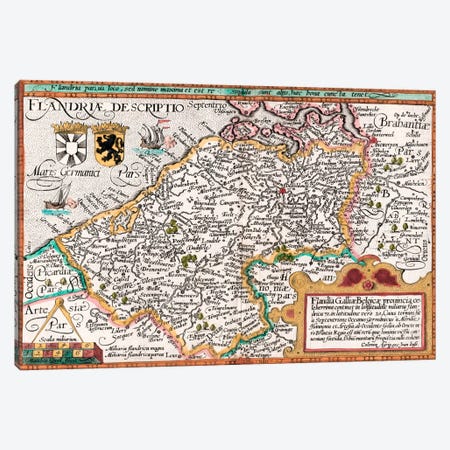 Map of Flanders, after cartographer Matthias Quad from his 'Fasciculus Geographicus', later hand colouring  Canvas Print #BMN5005} by Johannes Bussemacher Canvas Wall Art