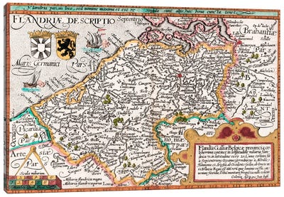 Map of Flanders, after cartographer Matthias Quad from his 'Fasciculus Geographicus', later hand colouring  Canvas Art Print