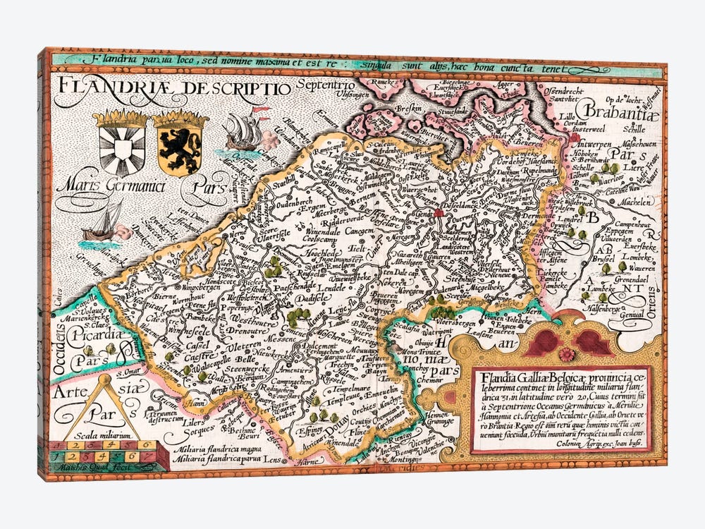 Map of Flanders, after cartographer Matthias Quad from his 'Fasciculus Geographicus', later hand colouring  by Johannes Bussemacher 1-piece Canvas Wall Art