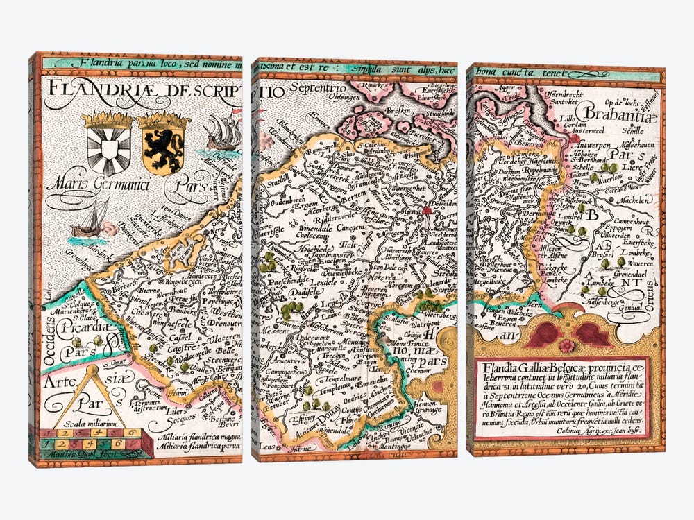 Map of Flanders, after cartographer Matthias Quad from his 'Fasciculus Geographicus', later hand colouring  3-piece Canvas Artwork