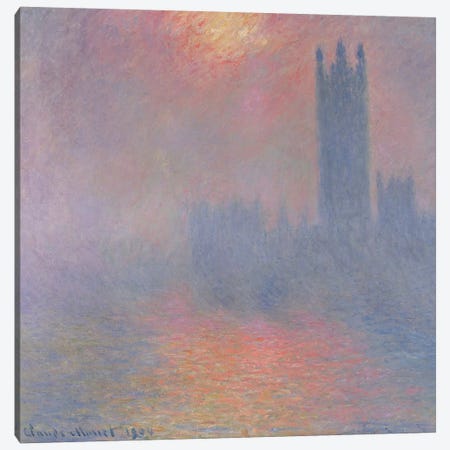 The Houses of Parliament, London, with the sun breaking through the fog, 1904  Canvas Print #BMN504} by Claude Monet Canvas Wall Art
