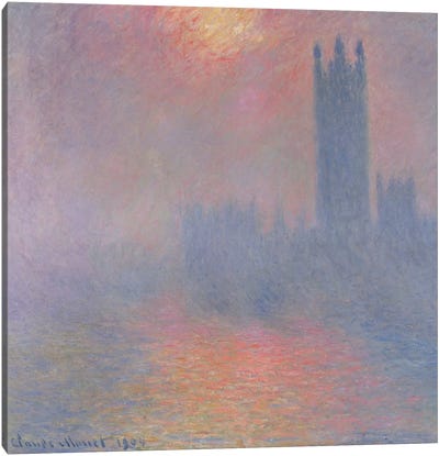 The Houses of Parliament, London, with the sun breaking through the fog, 1904  Canvas Art Print