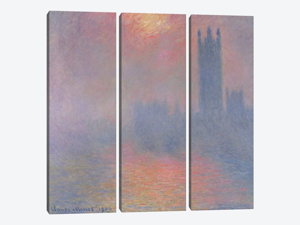 The Houses of Parliament, London, with the sun breaking through the fog, 1904  by Claude Monet 3-piece Canvas Art Print