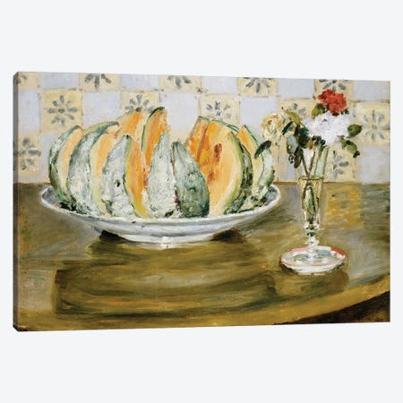 Still life of a melon and a vase of flowers, c.1872  Canvas Print #BMN5061} by Pierre-Auguste Renoir Canvas Print