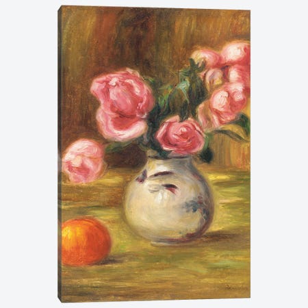 Vase of Roses and an Orange, 1910  Canvas Print #BMN5085} by Pierre-Auguste Renoir Canvas Artwork