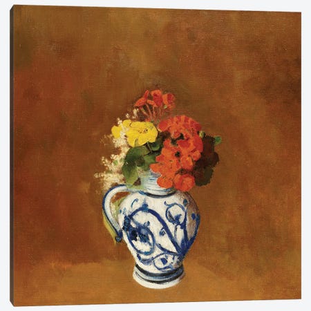 Geraniums and other Flowers in a Stoneware Vase  Canvas Print #BMN5101} by Odilon Redon Canvas Artwork