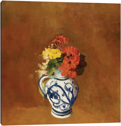 Geraniums and other Flowers in a Stoneware Vase  Canvas Art Print - Odilon Redon